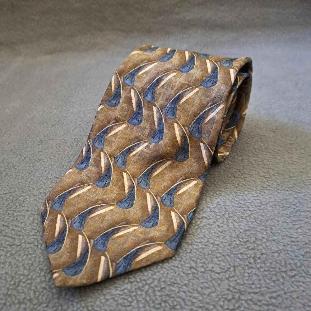 Oscar De La Renta Silk necktie‎ iridescent geometric pattern men's tan navy EUC
